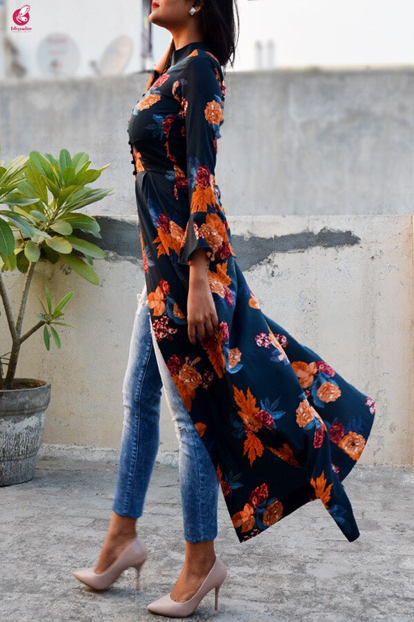 Blue Crepe Printed Floral Kurti