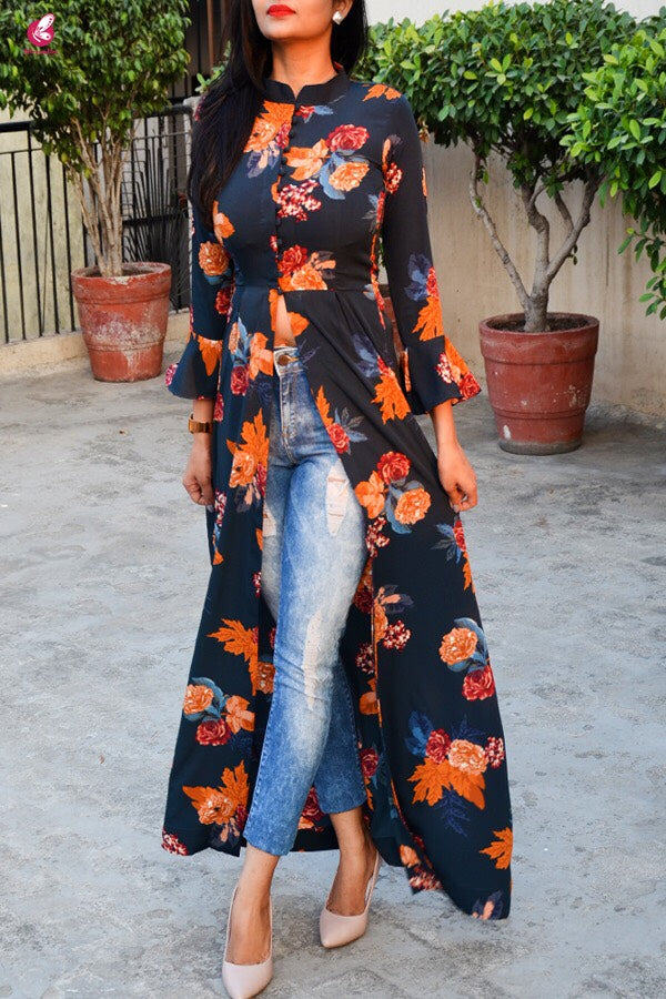 Blue Crepe Printed Floral Kurti