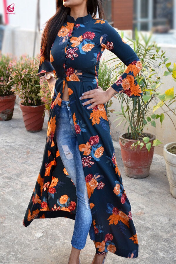 Blue Crepe Printed Floral Kurti
