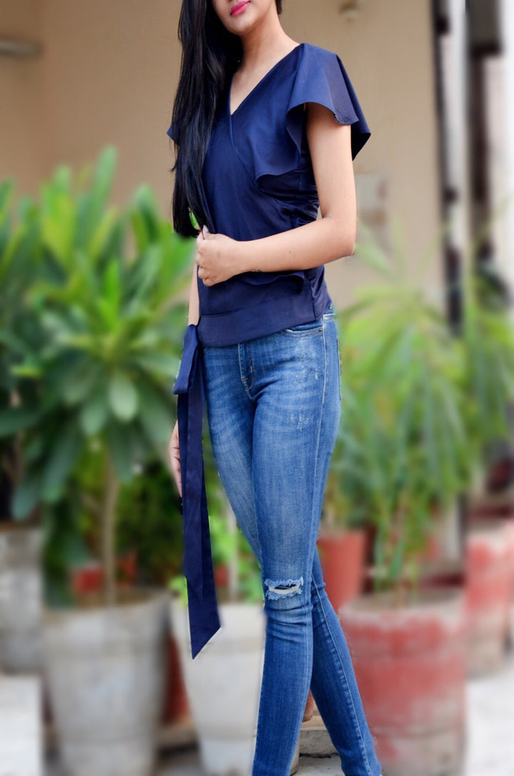 Blue Cotton Side Knot Half Sleeves Top