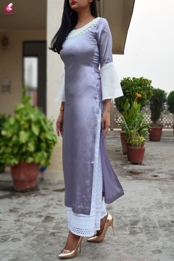 Light Purple Satin Straight Kurti