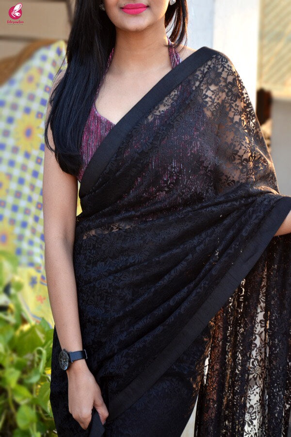 Black Chandelier Floral Net Saree