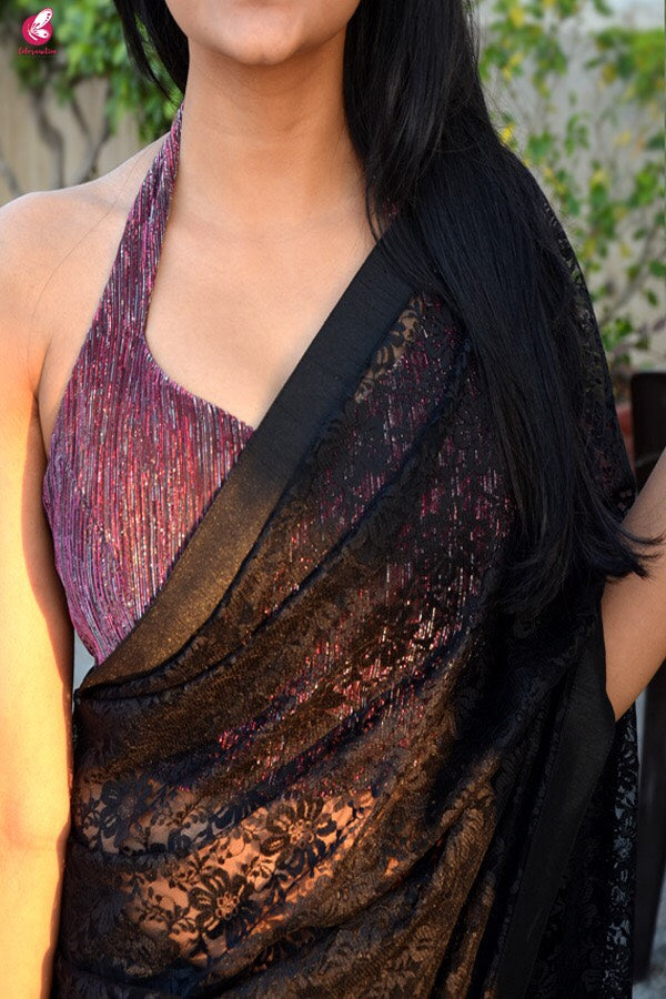 Black Chandelier Floral Net Saree