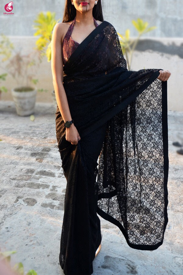 Black Chandelier Floral Net Saree