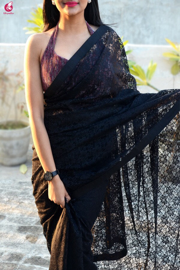 Black Chandelier Floral Net Saree