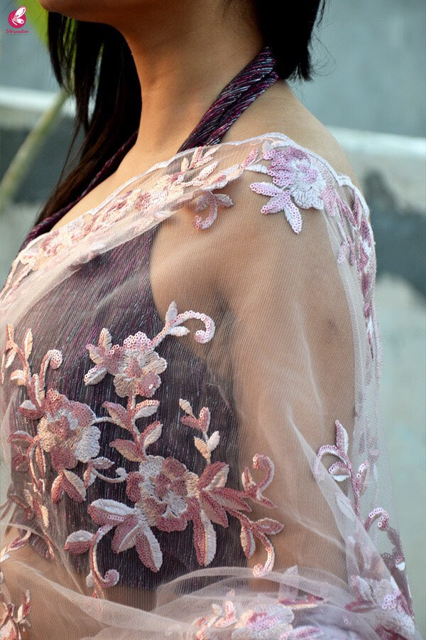 Peach Embroidered Satin Net Half and Half Saree