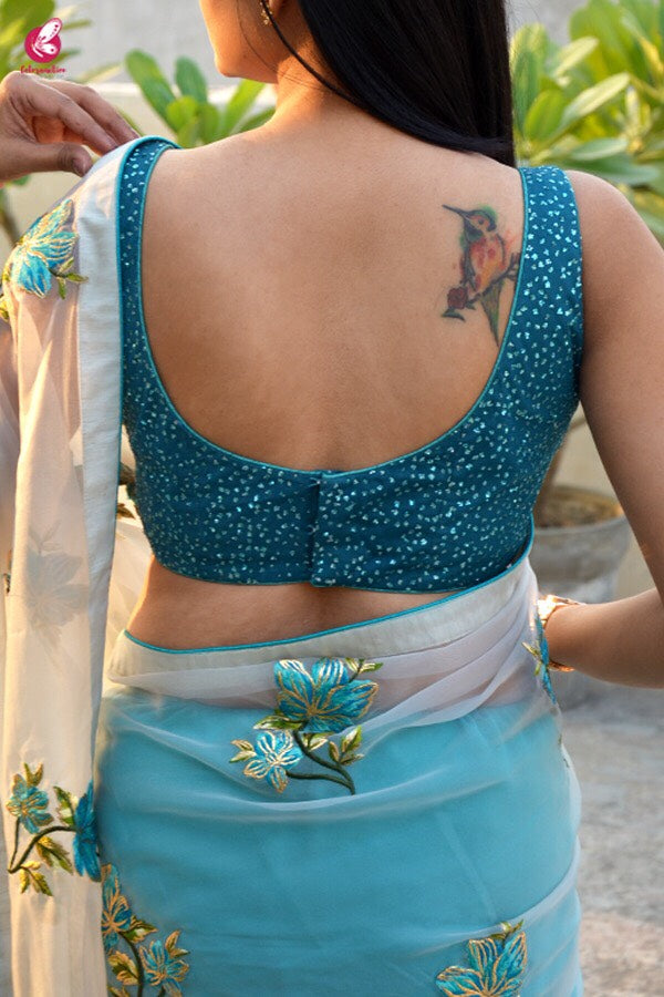 Off White and Blue Half and Half Saree