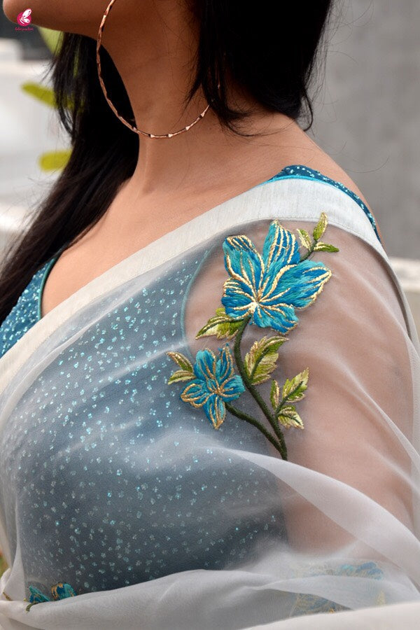 Off White and Blue Half and Half Saree