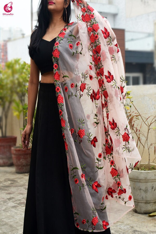 Peach Tissue Embroidered Dupatta