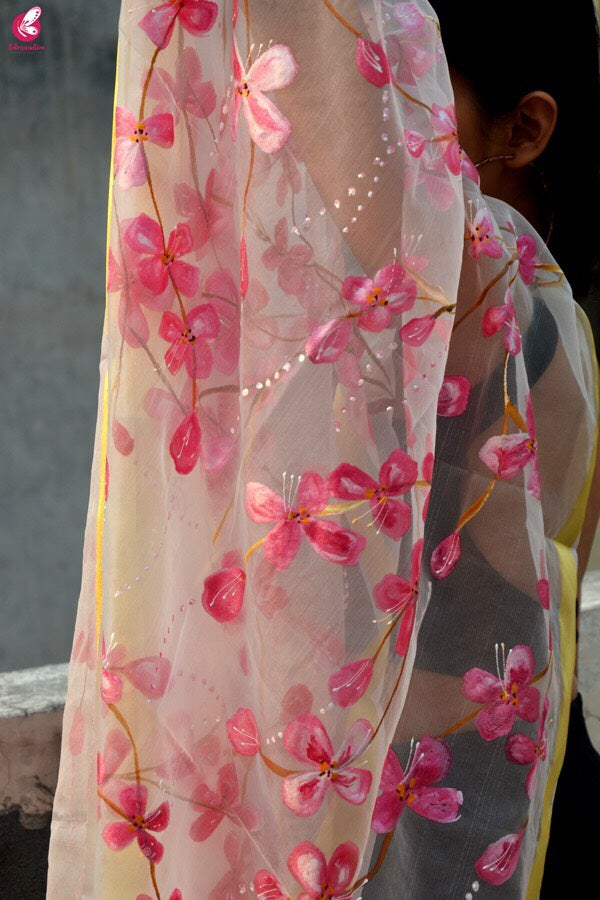 White Organza Handpainted  Floral Stole