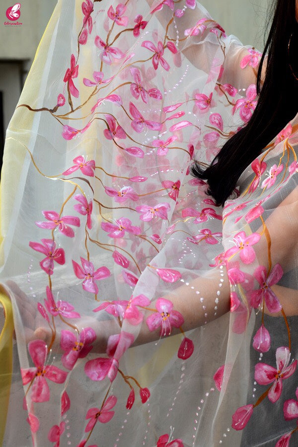 White Organza Handpainted  Floral Stole