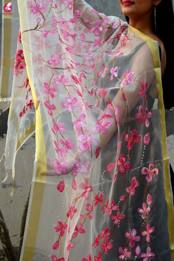 White Organza Handpainted  Floral Stole