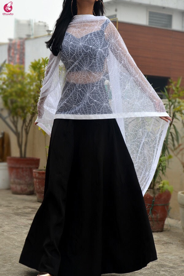 White Embroidered Spider Web Net Stole