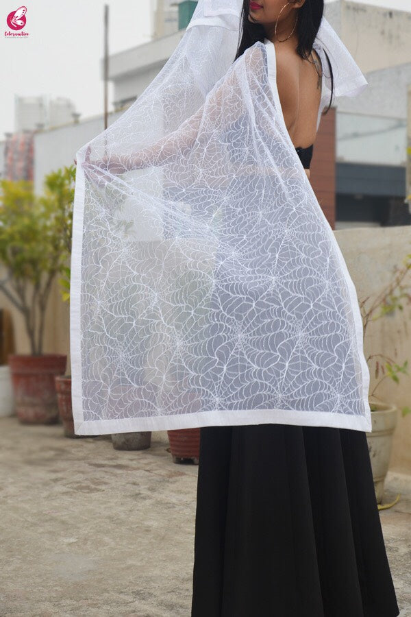 White Embroidered Spider Web Net Stole