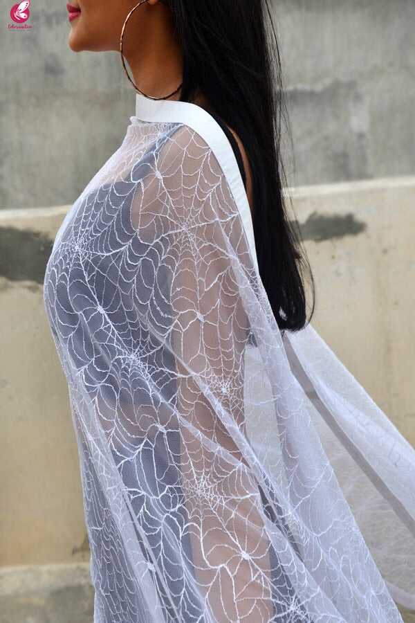 White Embroidered Spider Web Net Stole