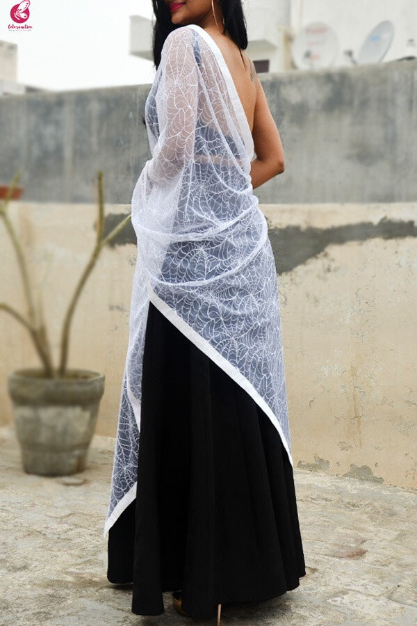 White Embroidered Spider Web Net Stole