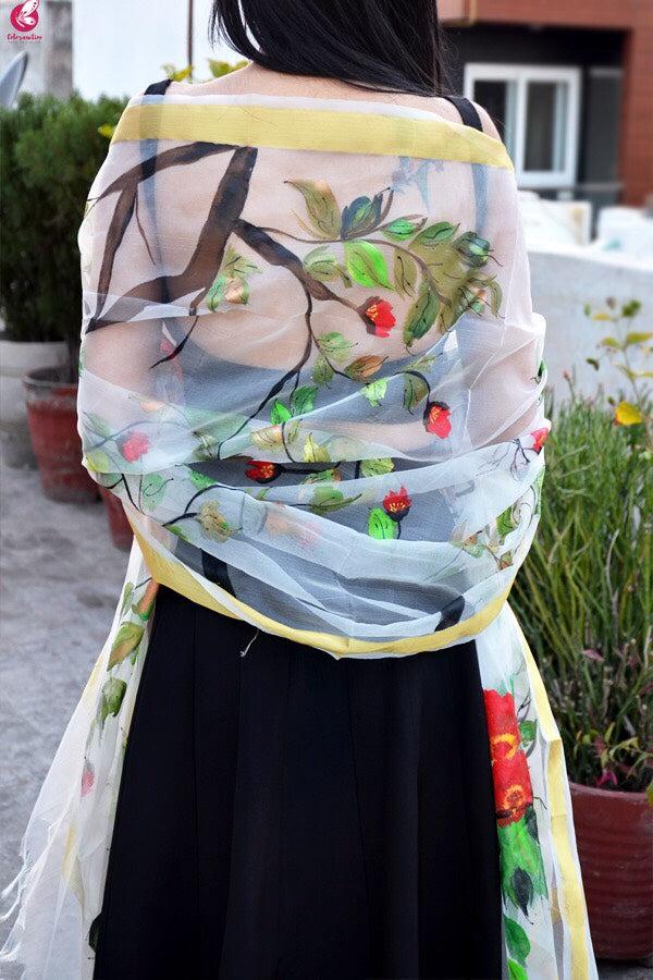 Off White Hand Painted Birds Floral Stole
