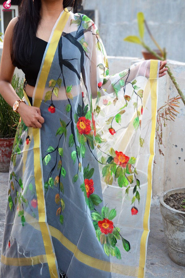 Off White Hand Painted Birds Floral Stole