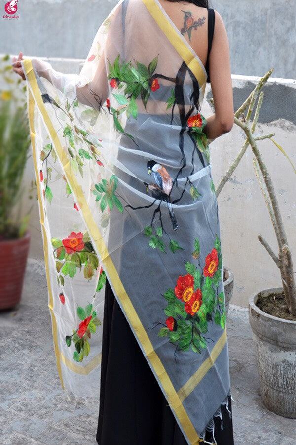 Off White Hand Painted Birds Floral Stole