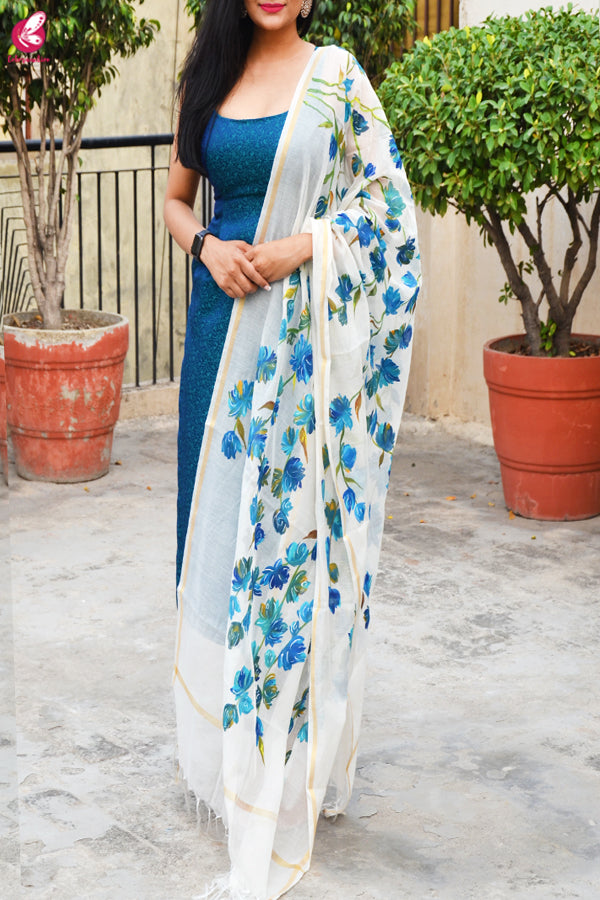 Off White Chanderi Teal Green Floral Handpainted Stole
