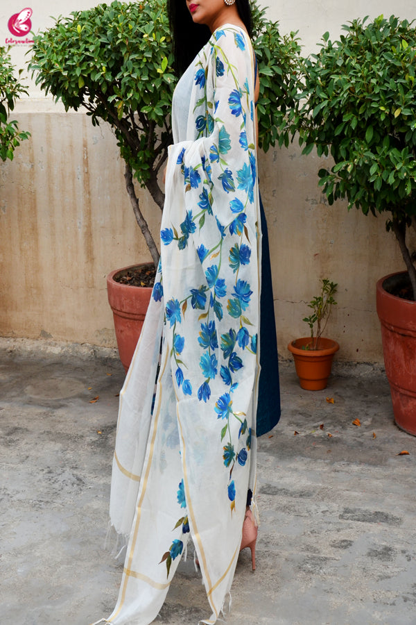 Off White Chanderi Teal Green Floral Handpainted Stole