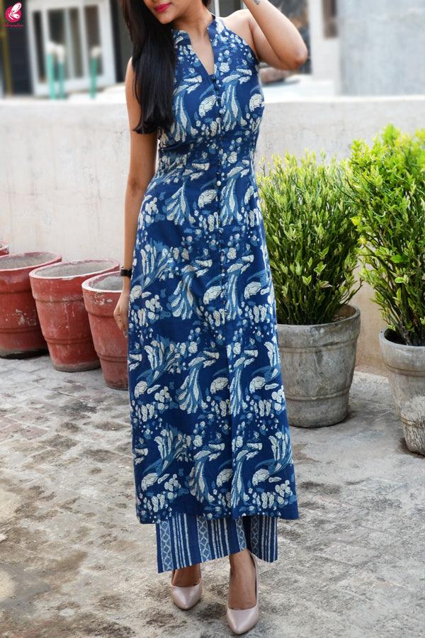 Indigo Print Cotton Sleeveless Kurti Set