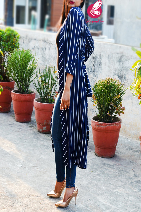 Navy Blue Stripes Crepe Quarter Sleeves Long Shrug