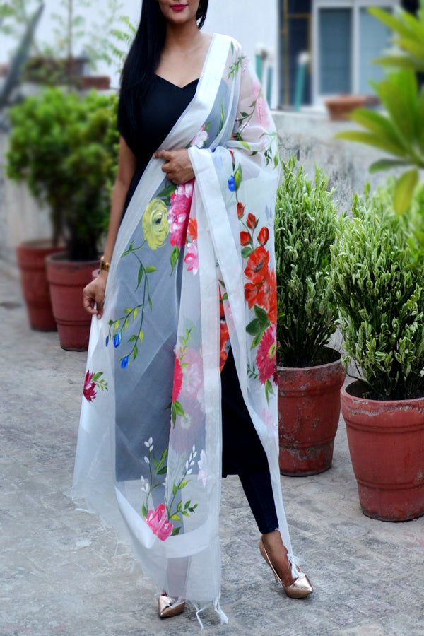 Off White Pure Organza Multicoloured Floral Stole