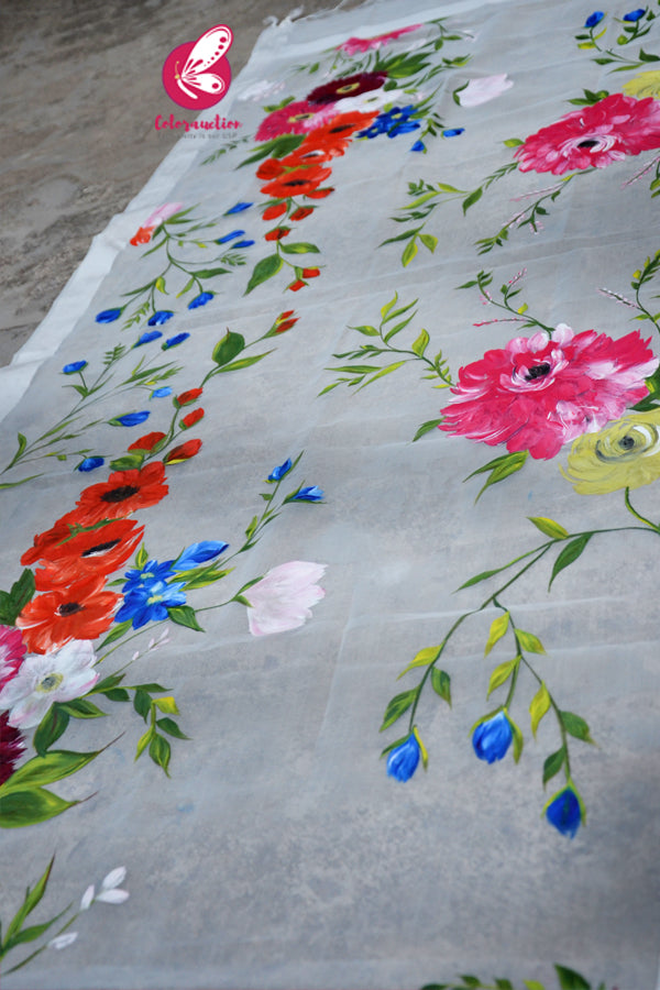 Off White Pure Organza Multicoloured Floral Stole