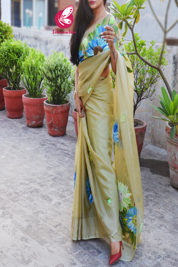 Green Crepe Chiffon Handpainted Metallic Floral Saree