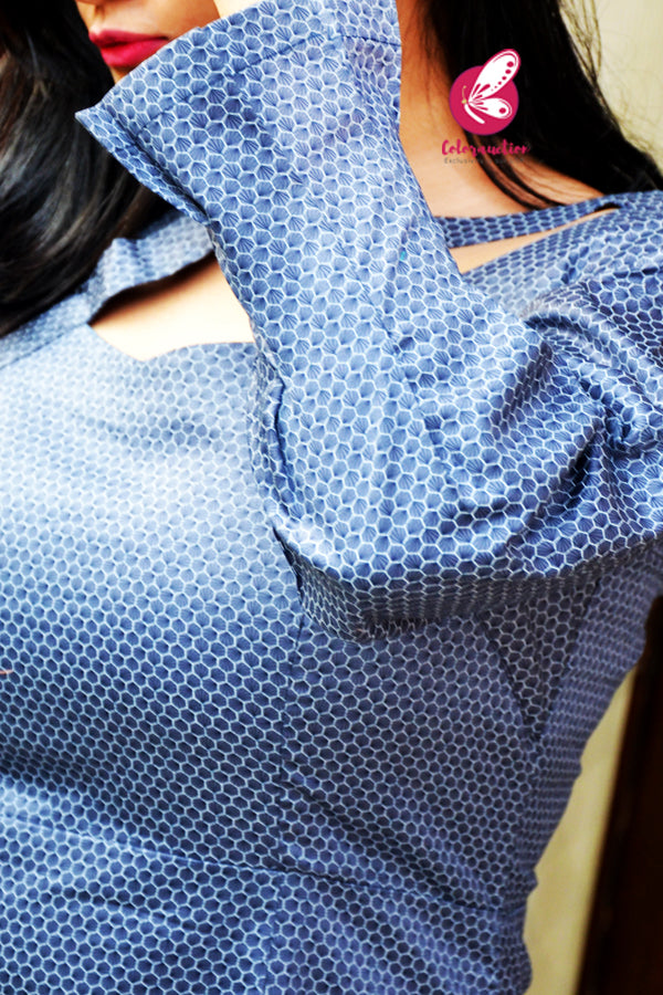Blue Honeycomb Print Full Sleeves Cotton Silk Kurti