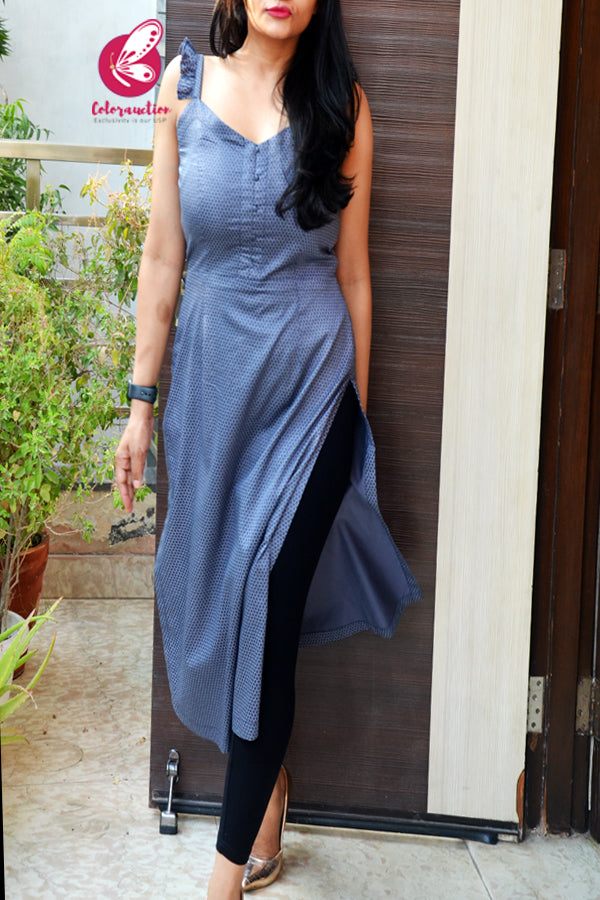Blue Honeybee Comb Strappy Cotton Silk Straight Fit Kurti