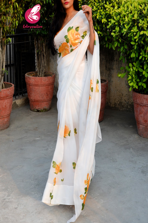 Off White Crepe Chiffon Yellow Golden Hand-painted Saree