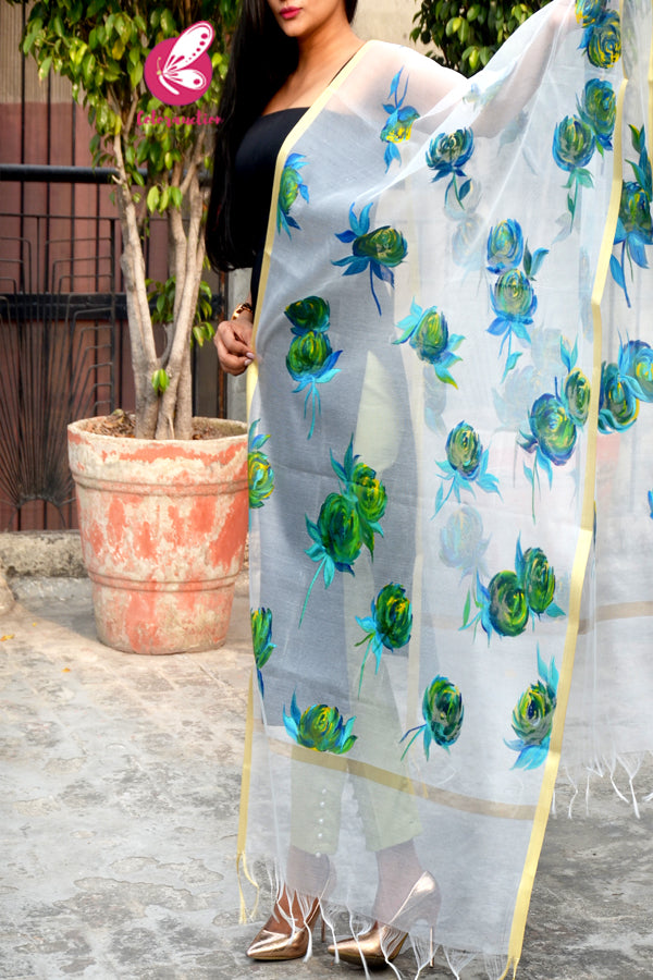 Off White Pure Organza Teal Green Roses Floral Stole
