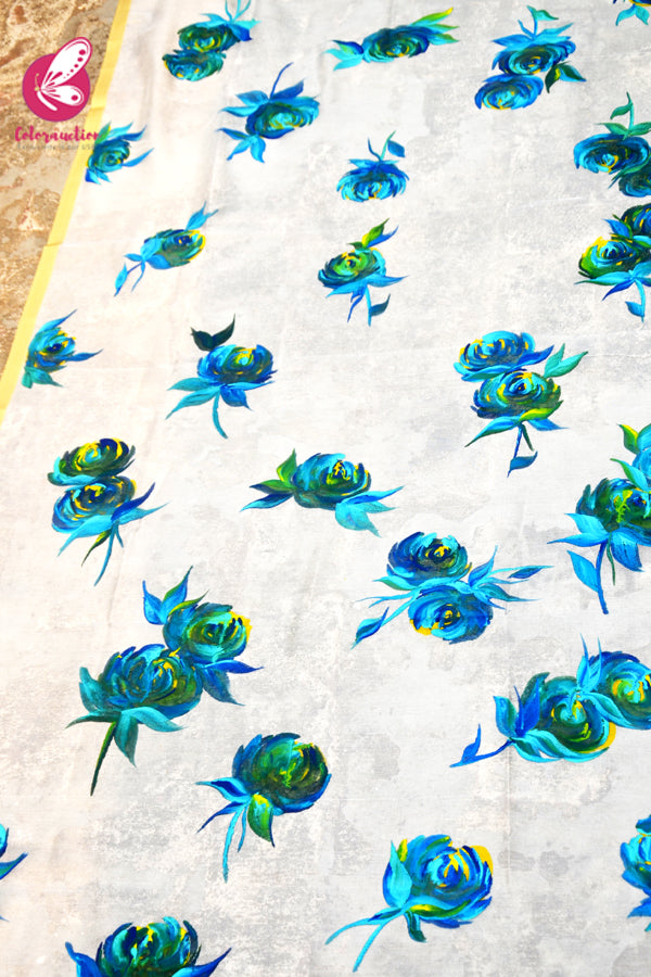 Off White Pure Organza Teal Green Roses Floral Stole