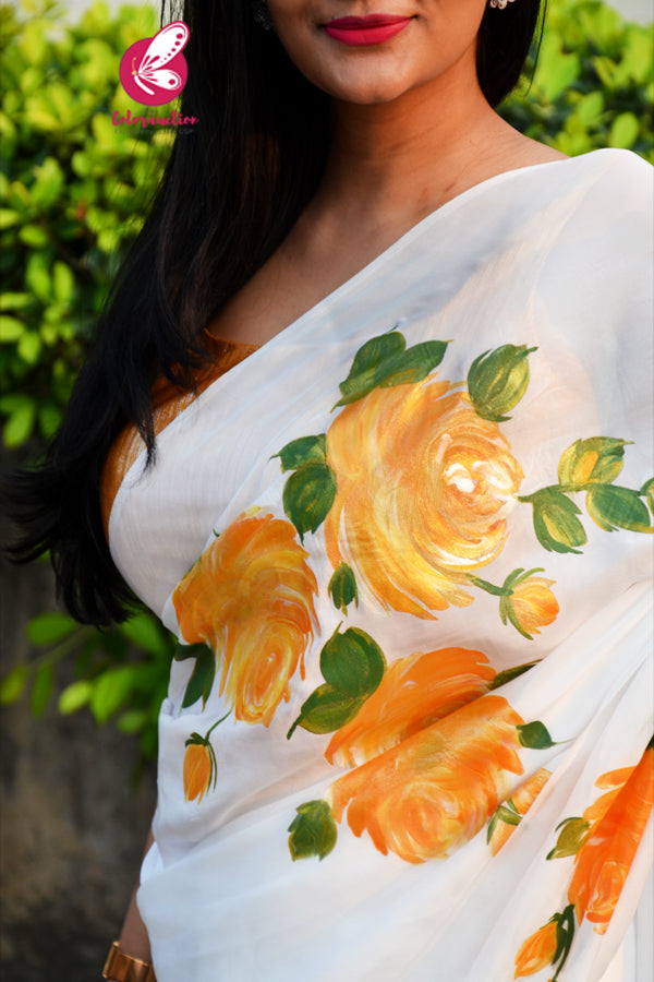 Off White Crepe Chiffon Yellow Golden Hand-painted Saree