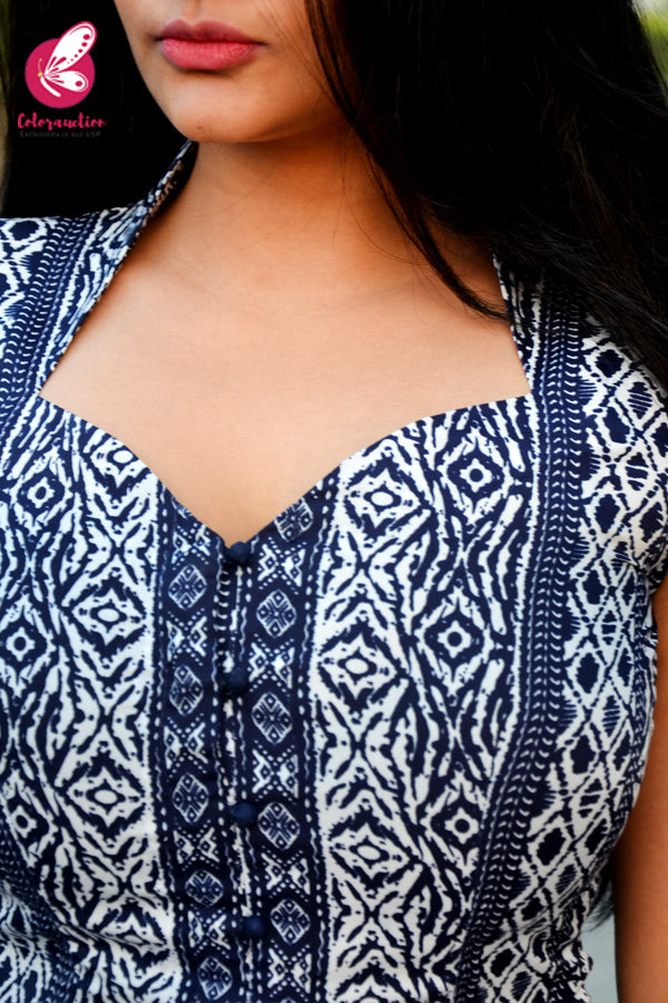 Blue & White Printed Crepe Kurti with White Cotton Silk Pants