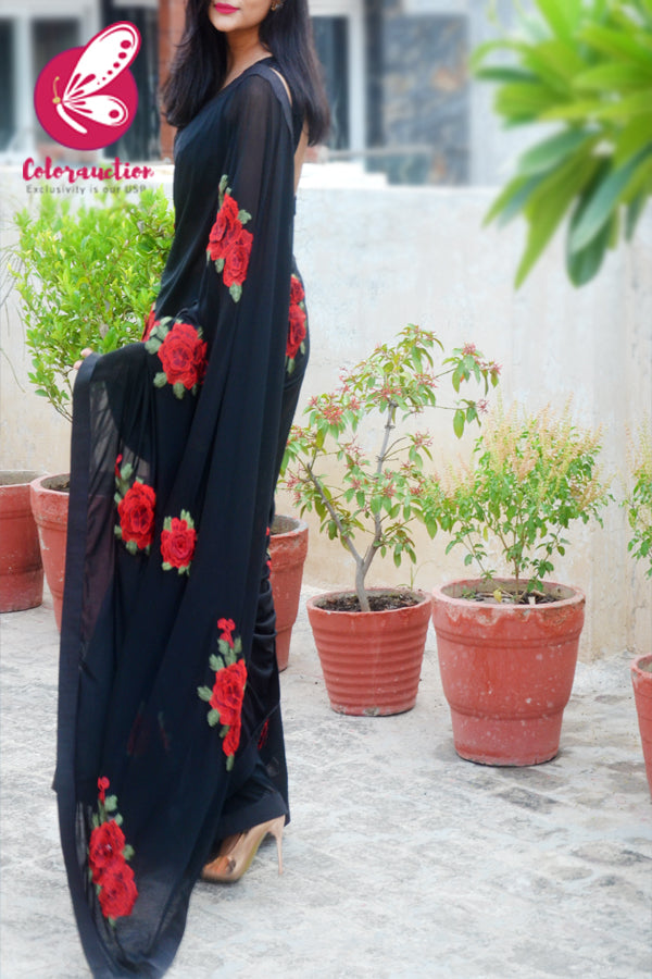 Black Net Applique Dupion Silk Taping Saree