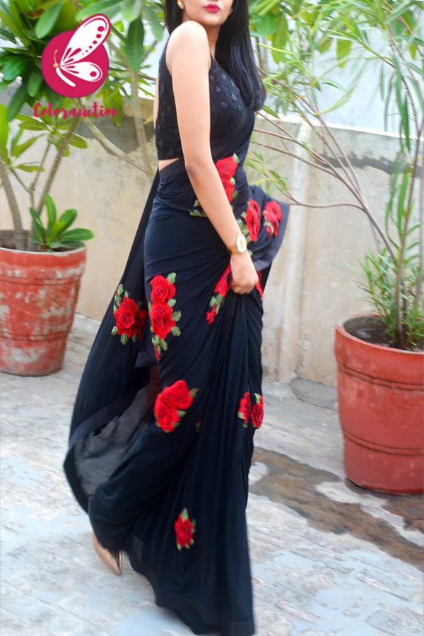 Black Net Applique Dupion Silk Taping Saree