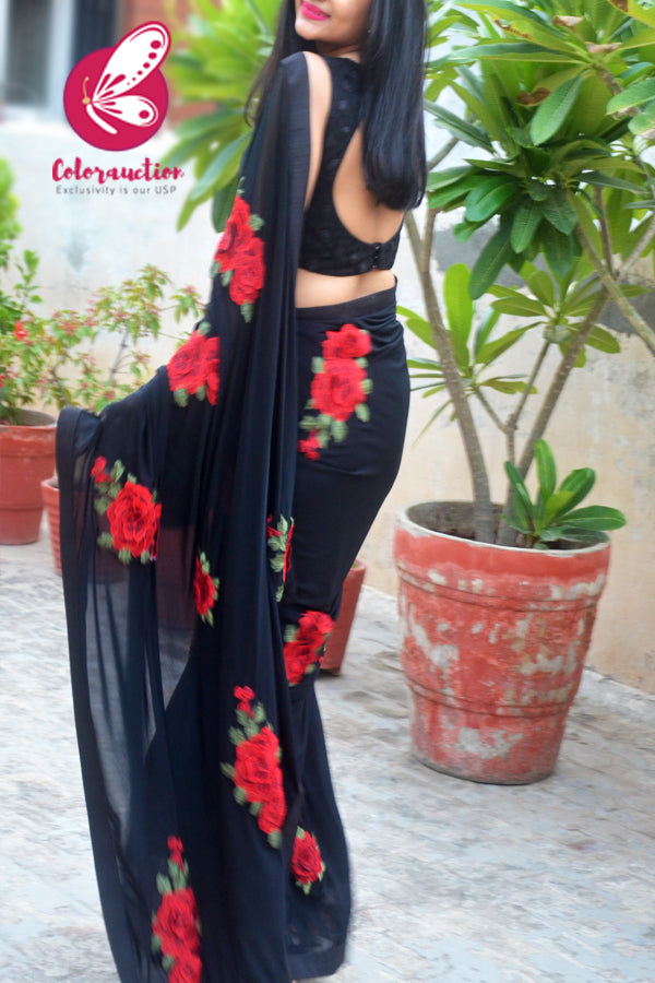Black Net Applique Dupion Silk Taping Saree