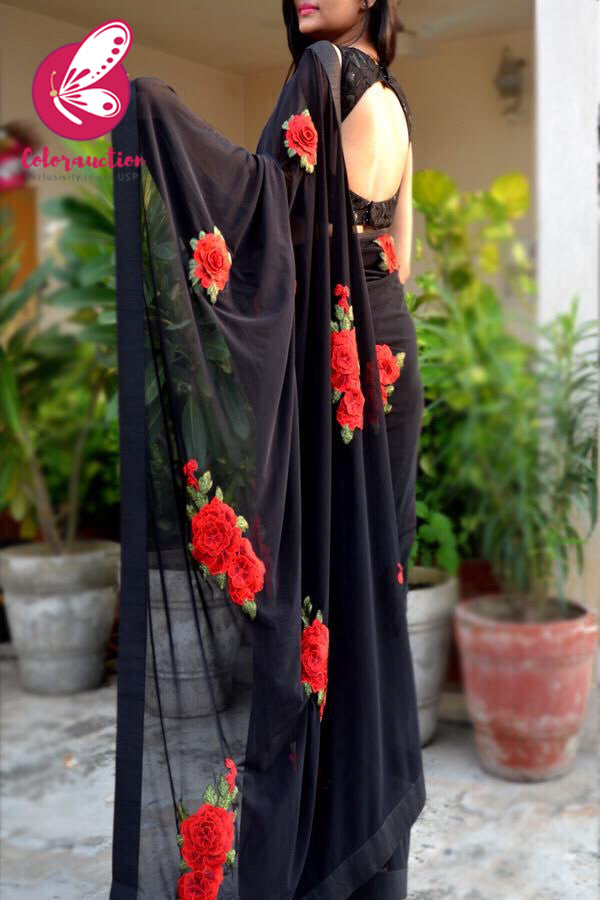 Black Net Applique Dupion Silk Taping Saree