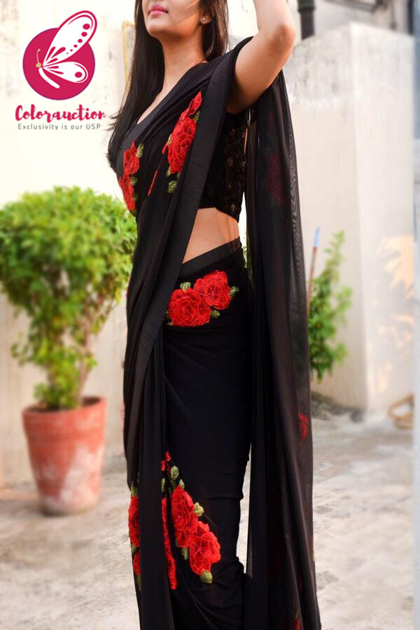 Black Net Applique Dupion Silk Taping Saree