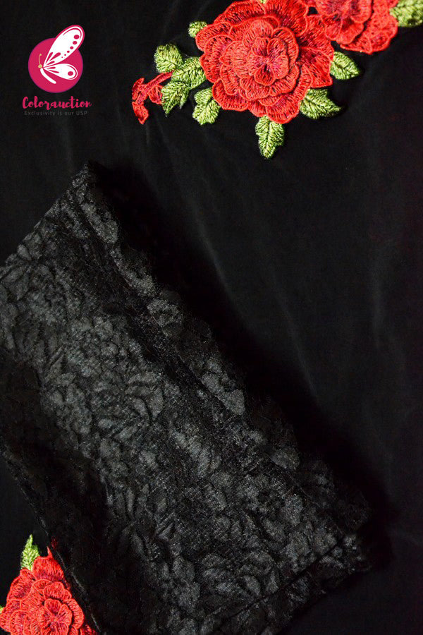 Black Net Applique Dupion Silk Taping Saree