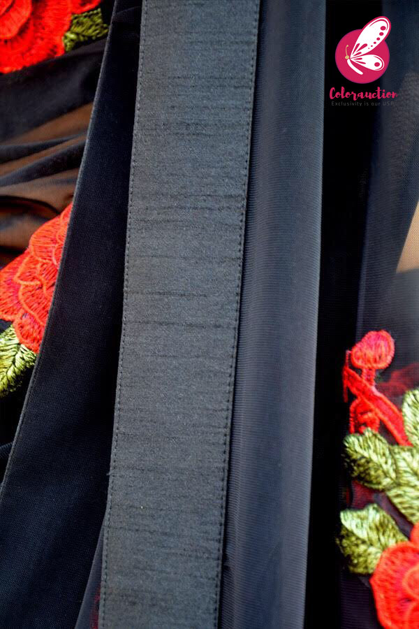 Black Net Applique Dupion Silk Taping Saree