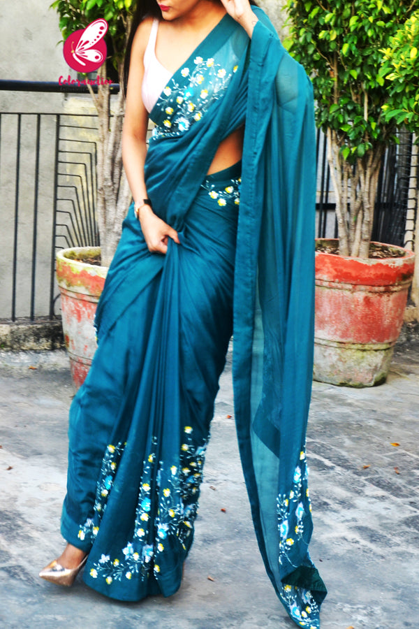 Teal Pure Silk Chiffon Sequins Pearl Handwork Saree