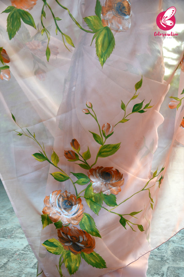 Peach Crepe Chiffon Handpainted Metallic Floral Saree