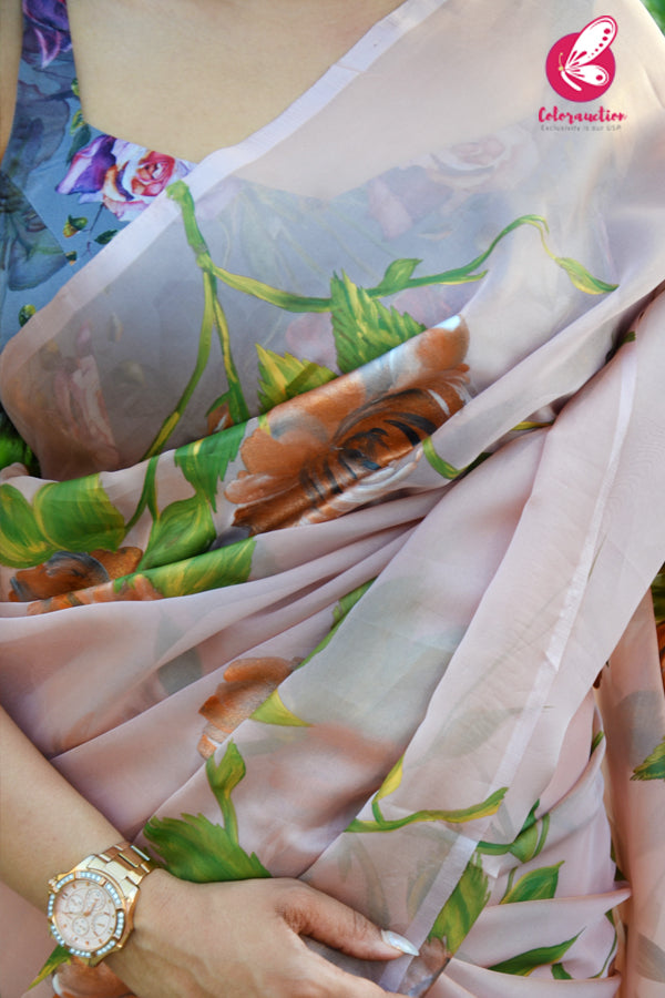 Peach Crepe Chiffon Handpainted Metallic Floral Saree