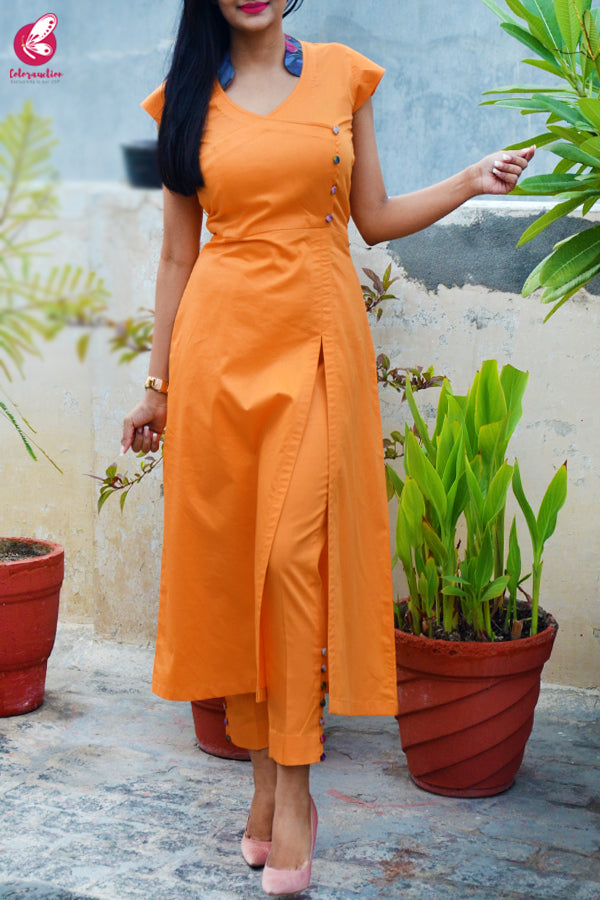 Carrot Orange Cotton Silk Kurti Set