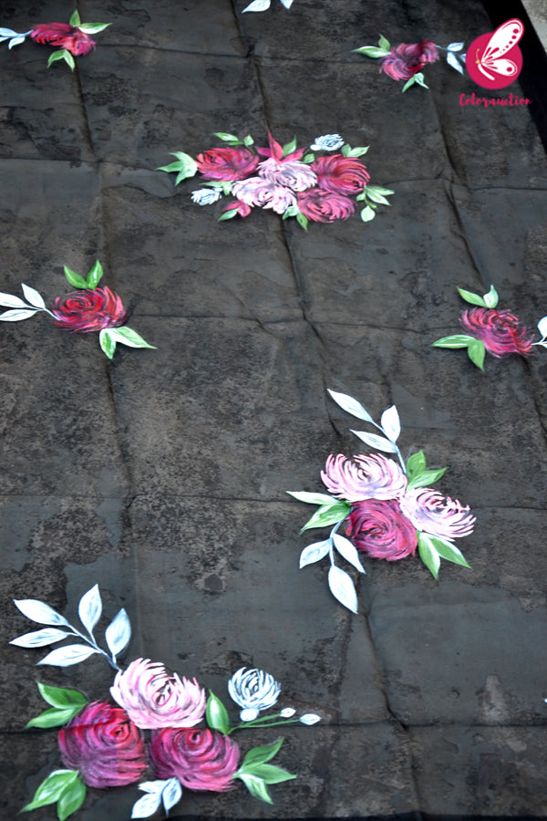 Black Organza Multocoloured Floral Hand painted Stole