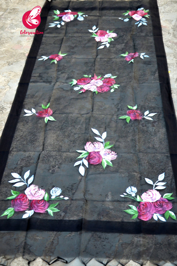 Black Organza Multocoloured Floral Hand painted Stole